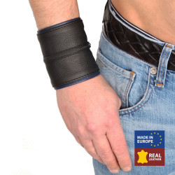 The Red Poignet bracelet de force en cuir - Noir/Bleu avec zip